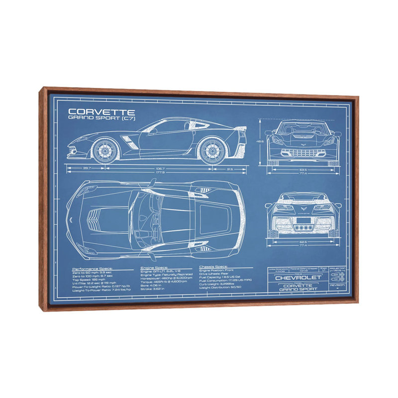 Grande sport Blueprint (C7) Corvette-impression de dessin, H 32 po x l 48 po x 1,5 po, Pas de tapis
