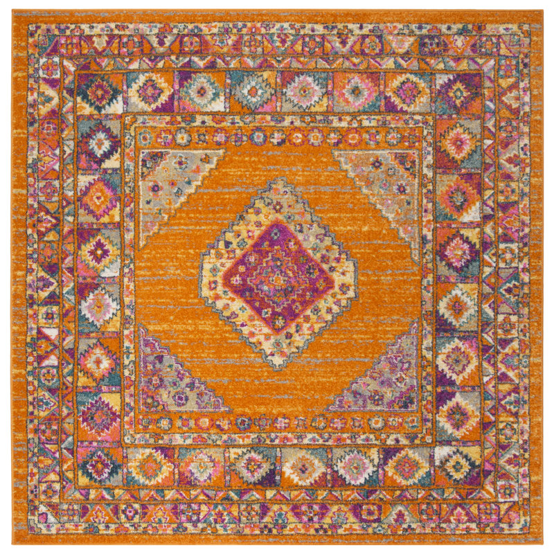 Tapis orange / fuchsia Christa Southwestern, Carré 8 pi