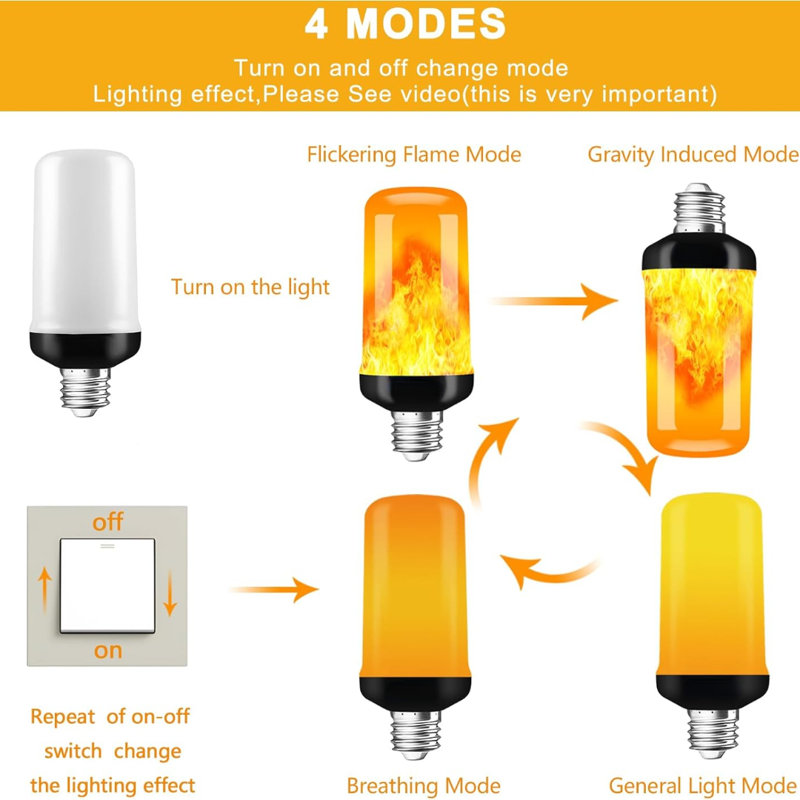 Ampoules à flamme 5W, base E26, ampoules DEL à effet de feu à détection de gravité de 120 V avec lumière constante et modes graduels, 1400 à 1600K, 4 ampoules décoratives