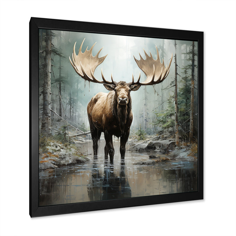 Art sur toile, "Mystic Moose in Forest II", Cadre simple noir, H 36 po x l 36 po x P 1,5 po