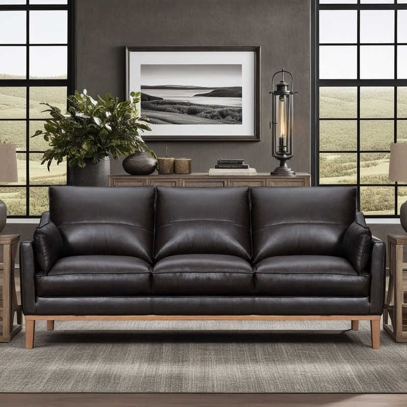 Khyden 87'' Recessed Arms Sofa, Brown Genuine Leather/Faux Leather