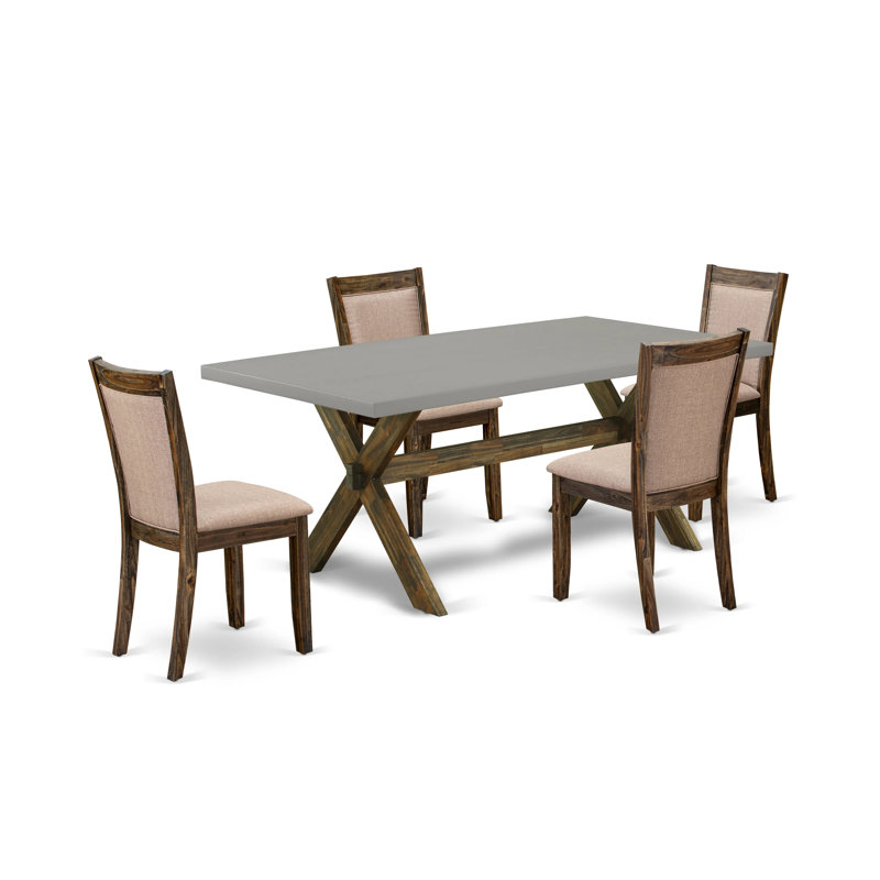 L'ensemble de table de cuisine 5 pièces pour 4 personnes comprend une table de salle à manger rectangulaire avec des pieds en X et 4 chaises rembourrées en tissu kaki foncé, jacobin vieilli