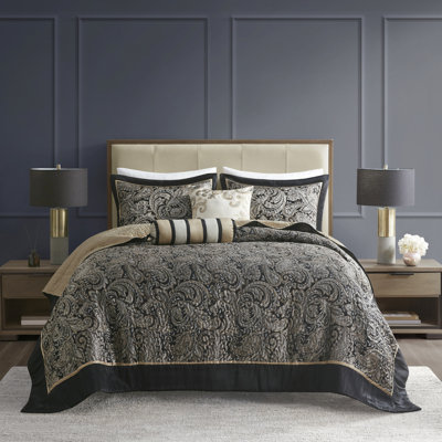 Couvre-lit 5 pièces pour grand lit - noir avec motif cachemire et housse en tissu