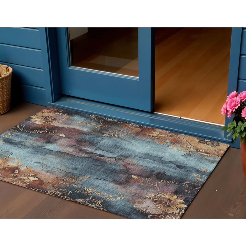 3' X 5' Blue And Gold Floral Washable Indoor Outdoor Area Rug