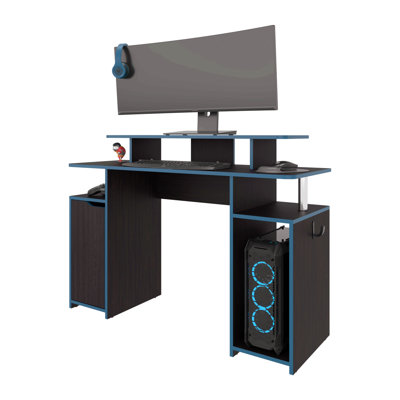 Lol Minimalist Gaming Desk With Elevated Monitor Shelf. Blue Accents