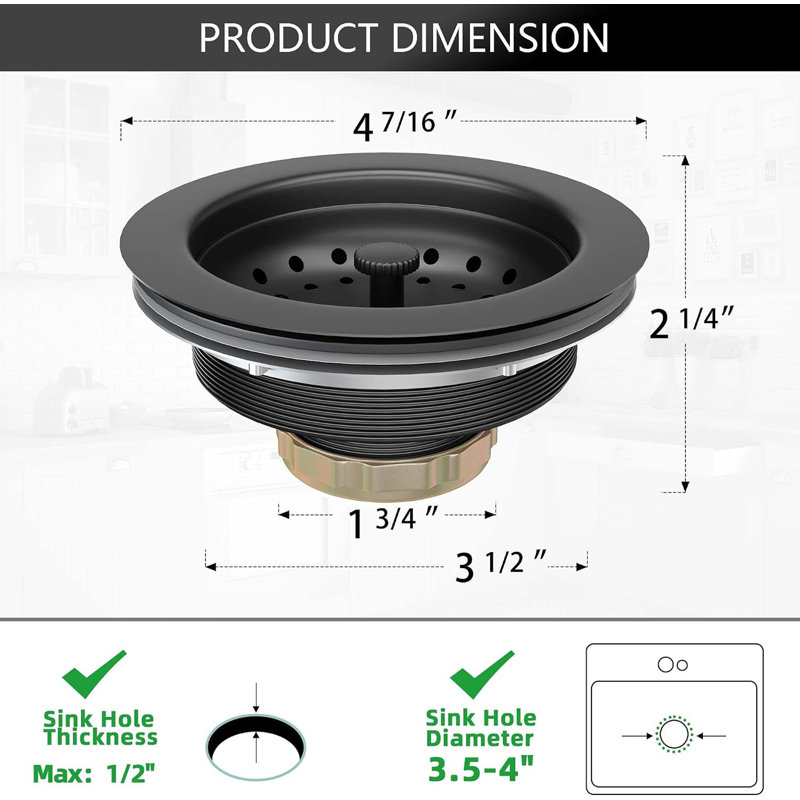 Vase de lavabo noir mat de 3 1/2 pouces en acier inoxydable 304 avec bouchon et crépine pour éviers de cuisine standard américains