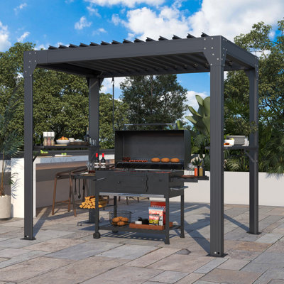 8 Ft. W X 5 Ft. D Pergola with Canopy, Aluminum Louvered-Top Grill Gazebo, Outdoor BBQ Gazebo with Built-In Gutter System, Grill Canopy with Side Storage Shelves