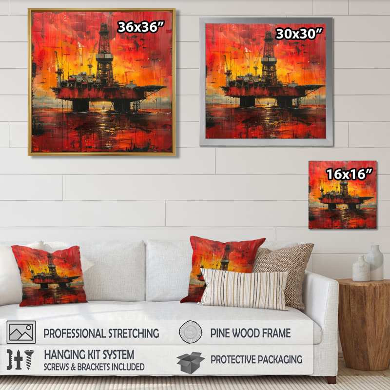 Red Orange Oil Rig Seafloor Rebellion I - salon d'art mural, Toile encadrée blanche avec une seule photo