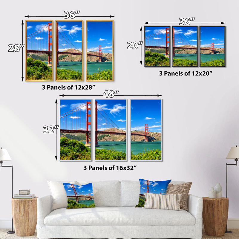 San Francisco Golden Gate - ensemble de 3 toiles encadrées, Noir, H 32 po x l 48 po
