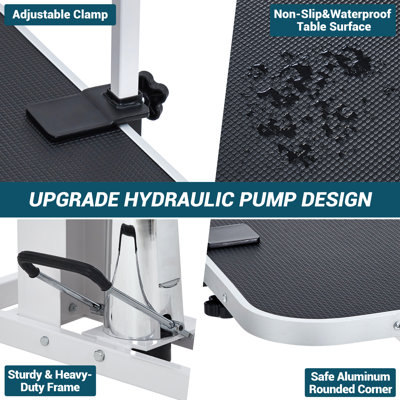 Table de toilettage hydraulique pour chien de 43,3 po avec hauteur réglable de 22 po à 38,6 po, surface antidérapante, base Z-Lift et accoudoir sans cordon