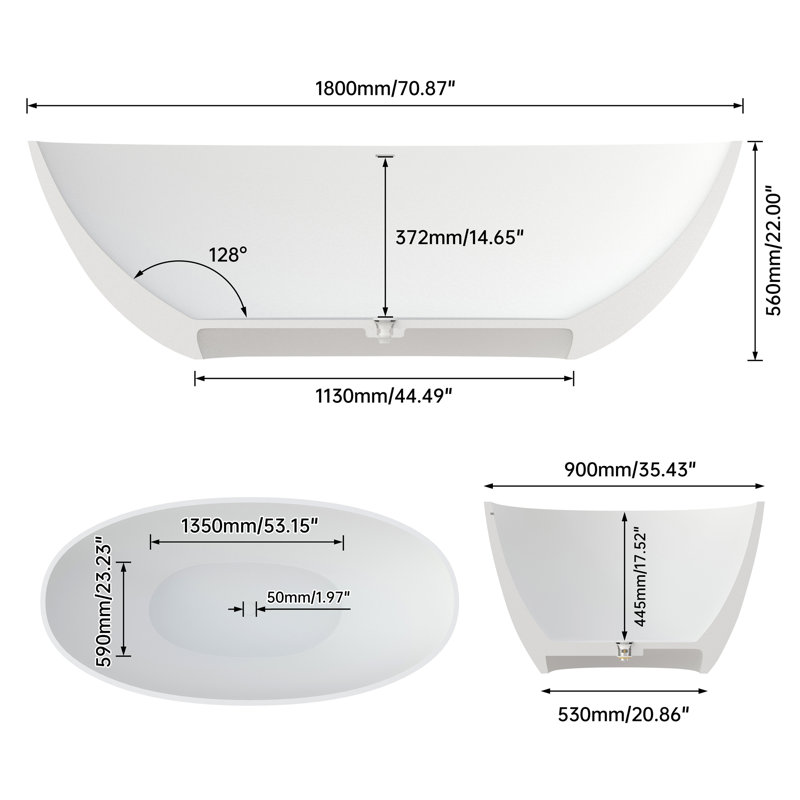 71" Premium Solid Surface Deep Soaking Bathtub