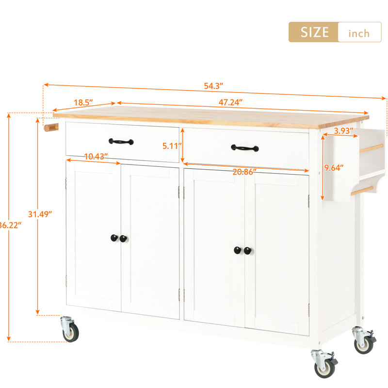 Kitchen Island Cart - White, Solid Wood Platform For Work, 4 Door Cabinet, 2 Drawers, Spice & Towel Rack, Locking Wheel Setup Worktop, Feature