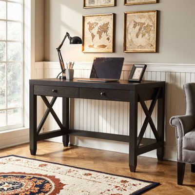 Modern Rustic Home Office Desk with Two Drawers & Wood Knobs, Finished Back & X-Brace Leg Frame by Ebern Designs