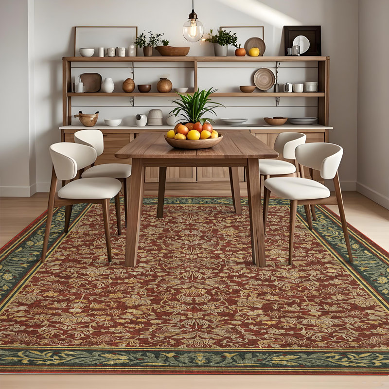 Tapis lavable à motif floral rétro pour le salon, Rouge, Rectangulaire 8 pi x 10 pi