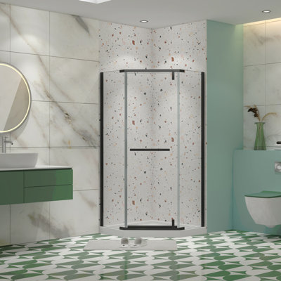 Pivot Shower Door, With 1/4" Tempered Glass, 34.75 In. X 72 In. Frameless Neo-Angle Pivot Shower Enclosure In Matte Black