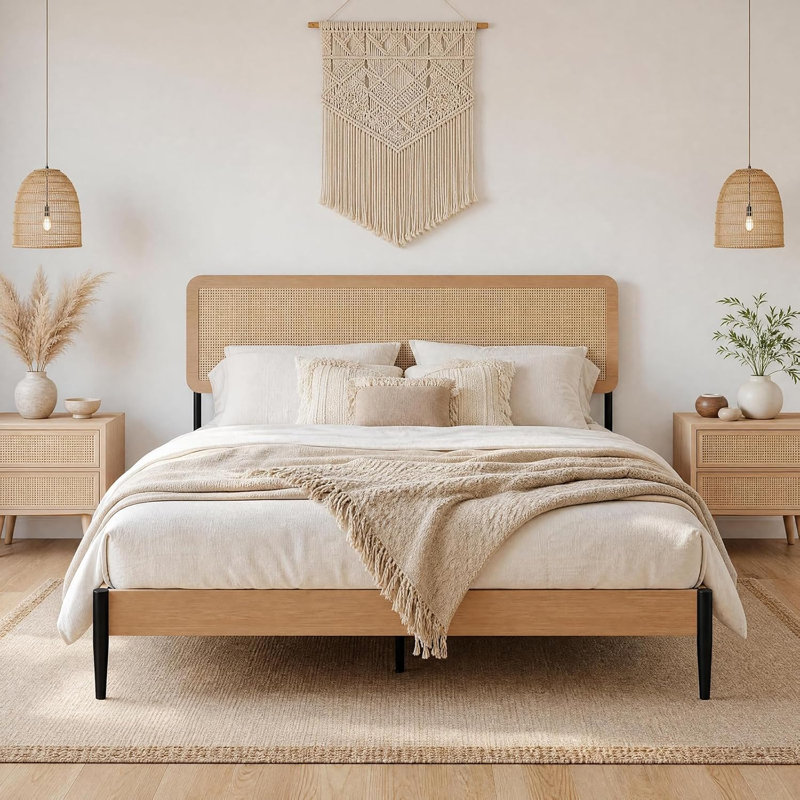 Structure de grand lit en rotin avec tête de lit, lits plateforme grand Boho, tête de lit en rotin tissé naturel, plateforme de support à lattes robuste, aucun sommier nécessaire, rangement sous le lit, silencieux, assemblage facile