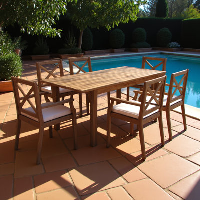 Ensemble de salle à manger 7 pièces 7 pièces en bois d'acacia avec coussins crème, 1 grande table moderne, 1 ensemble de mobilier de salle à manger pour la pelouse, la cour, la terrasse du jardin, le bord de la piscine, le teck