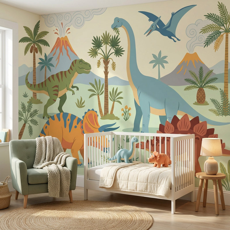 Papier peint volcanique préhistorique Dinosaur Adventure, 140" x 108", Peler et coller