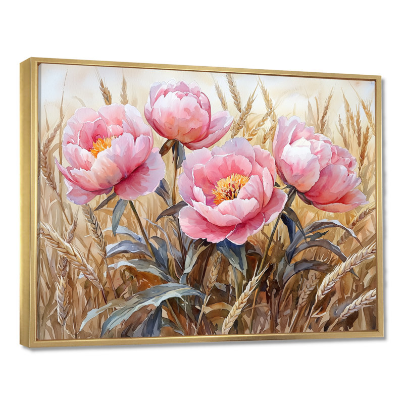 Pivoines dans le champ de blé III - pivoines, art encadré, H 24 po x l 32 po, Doré