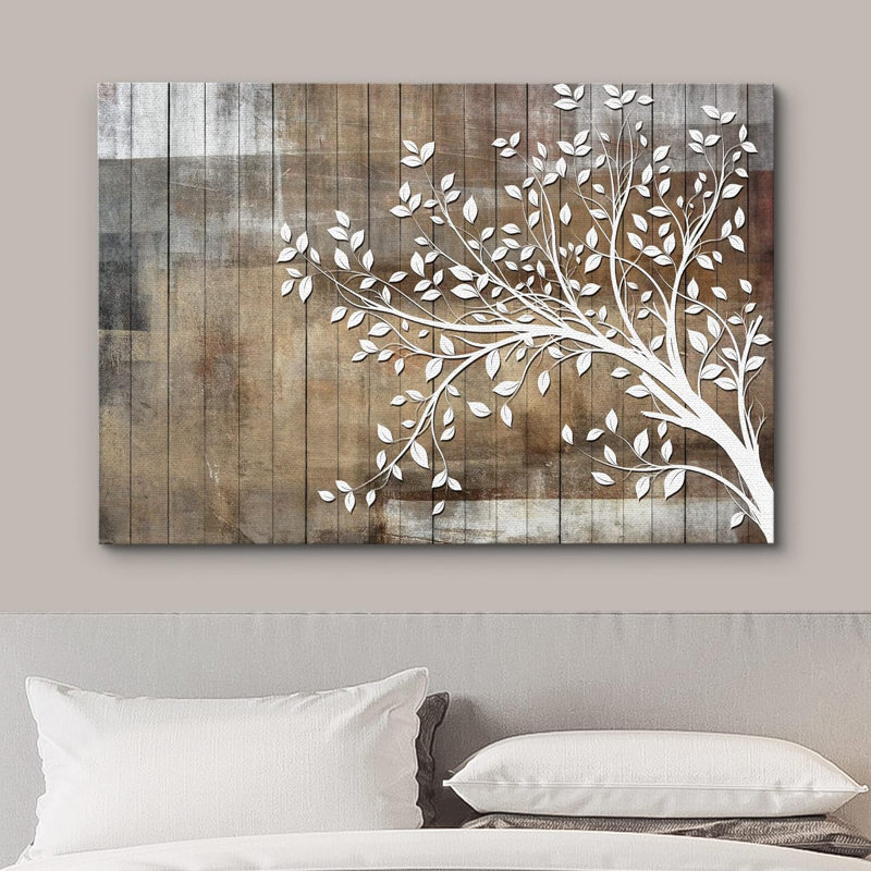 Abstract Tree "White Branch Leaves On Wood Effect Background Artwork, Abstract Neutral Tan Rustic Wall Pictures, Large Framed Canvas Giclee Print Wall Art"
