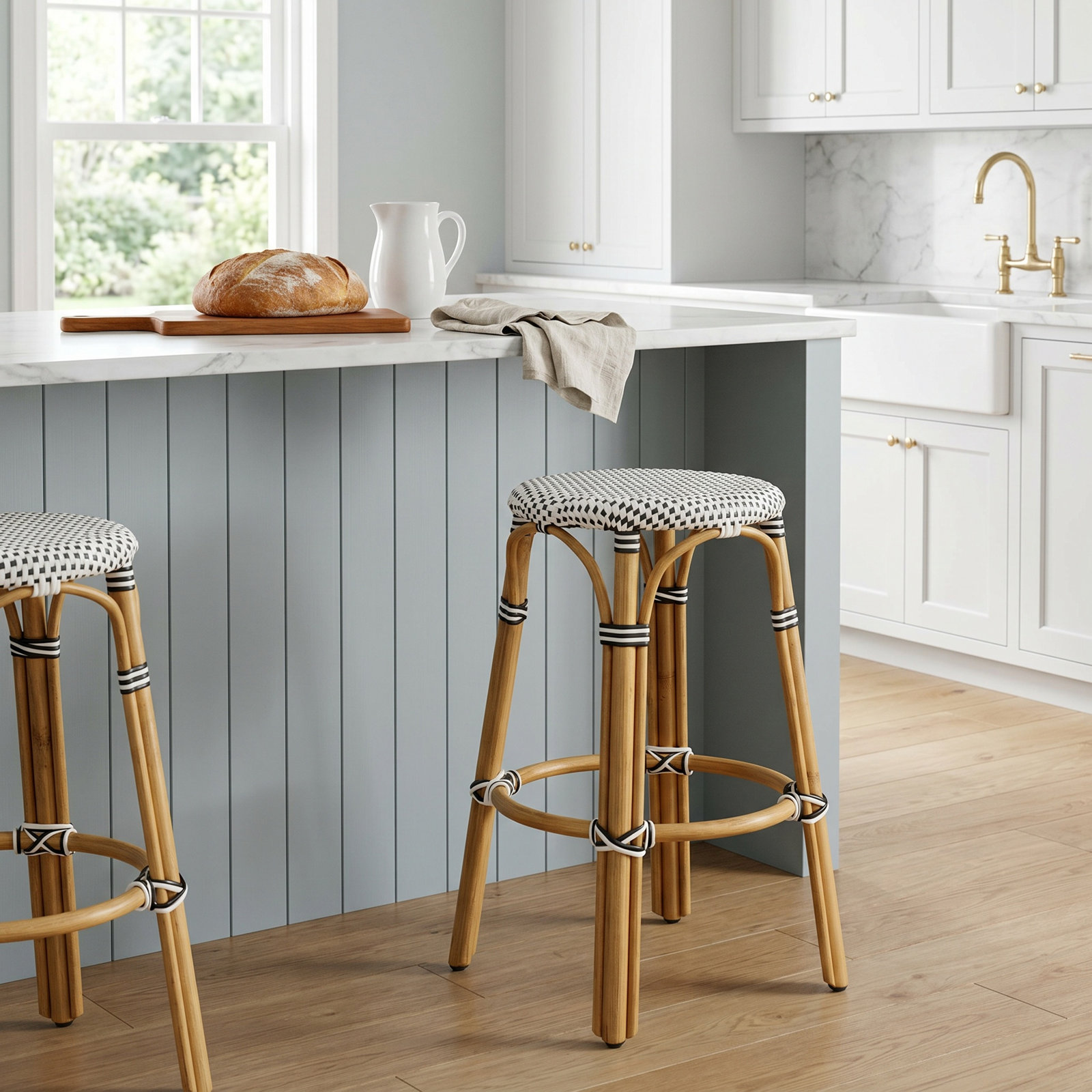 Alastair Bar Stool, Counter Stool (24" Seat Height), White/Black Dot/Natural Rattan Frame