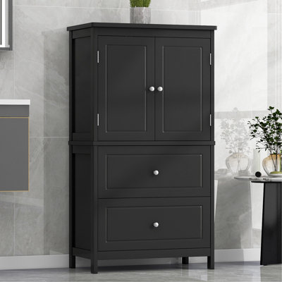 Armoire de rangement pour salle de bain, armoire avec deux portes et tiroirs, tablette réglable, panneau de fibres à densité moyenne