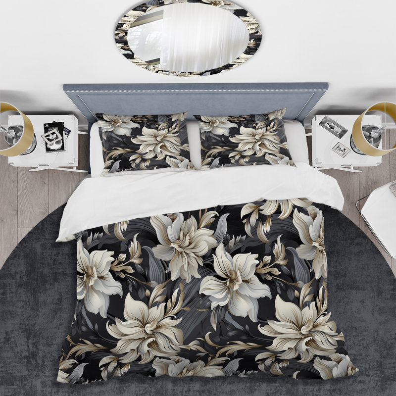 Deep Black Silver Flowers Elegance - Ensemble de housse de couette glam, Housse de couette pour très grand lit et 2 très