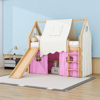 House Style Loft Bed with Built-in Slide, Tent, Ladder, Lights and Guardrails