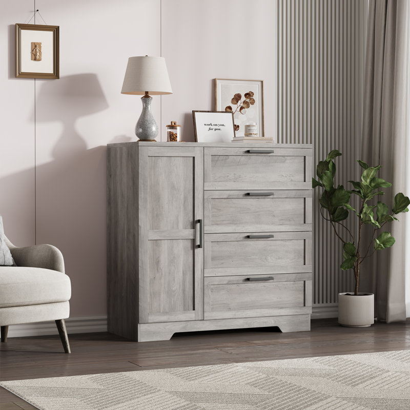 Petite penderie 43,3 po, armoire avec porte, 4 tiroirs et tringle, Gris