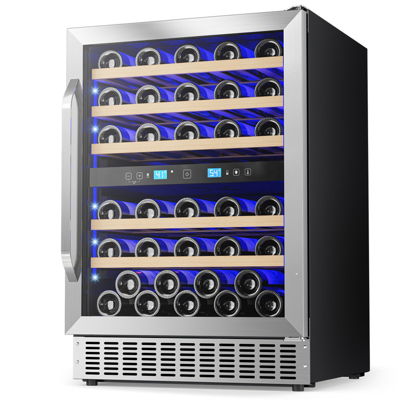 46 Bottle Dual Zone Wine Refrigerator, 24 Inch Built-In or Freestanding Wine Cooler with Glass Door