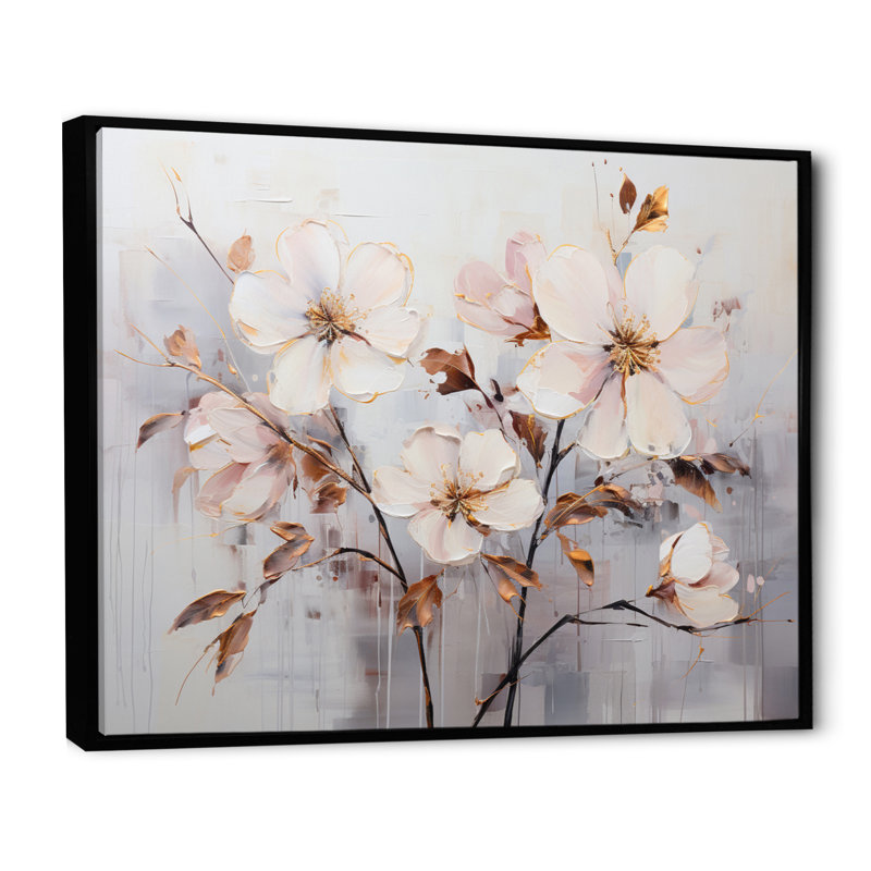 «Beige Minimalist Blossoms I - Abstract Botanicals Wall Art Living Room», L 32 po x H 24 po, Cadre flottant noir