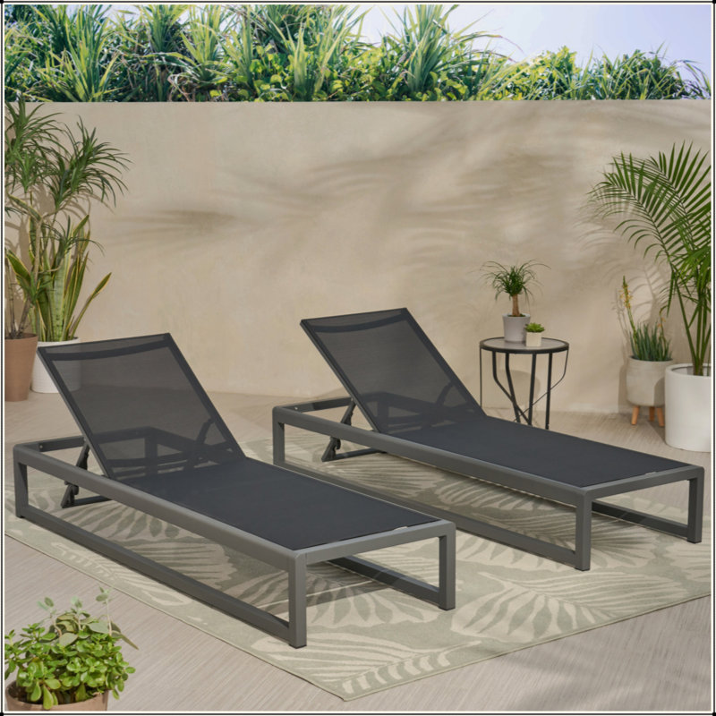 Ensemble de chaises longues d'extérieur durables et réglables pour se détendre au bord de la piscine, 2 pièces, Gris / Noir