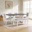 Ensemble de table de salle à manger à tréteaux 6 pièces avec rallonge amovible de 17,7 po, chaises et banc rembourrés, blanc et gris-78001572-78001574-78001575