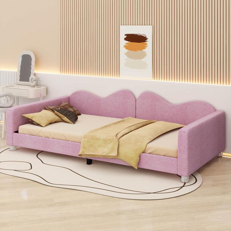 Upholstered Daybed, Sherpa Fabric Sofabed With Cloud-Shaped Backrest, Full, Pink
