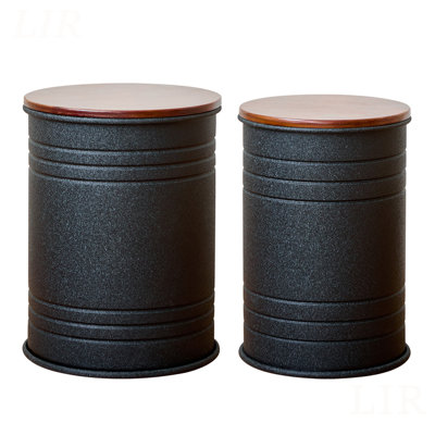 Industrial Barrel Shaped Metal Storage Stool Set With Wooden Top For Versatile Home Organization And Seating
