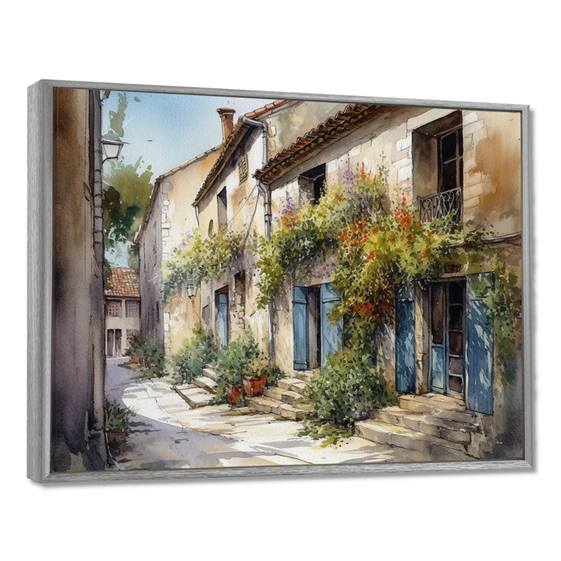 Riata, village méditerranéen, rue V - Paysage, art mural chalet, H 12 po x l 20 po x P 1 po, Encadrement argenté
