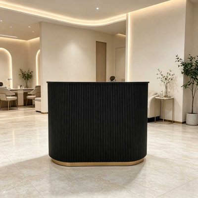 Morandi Modern Black Fluted Salon Reception Desk with Curved Design & Gold Base