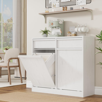 Armoire à linge double inclinable, armoire à poubelle de ferme 20 gallons avec 2 tiroirs et panier de rangement, panier à linge caché en bois pour la salle de bain, cuisine (blanc)