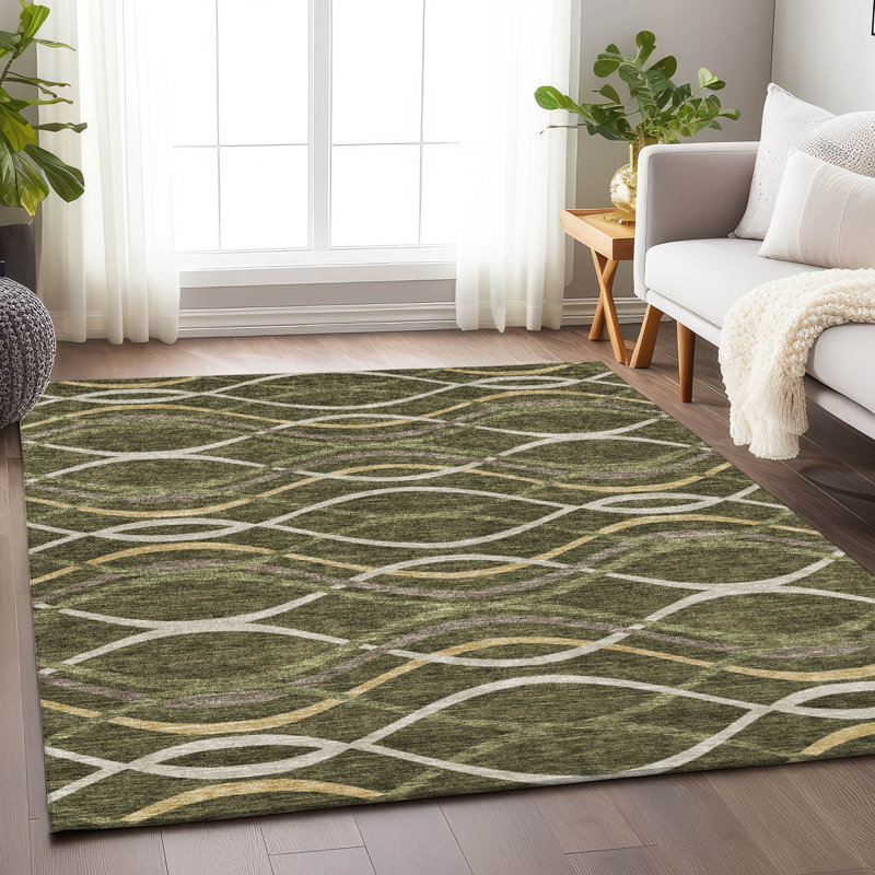 Premium Machine Washable Prisco Olive Rug, Rectangle 3' x 5'