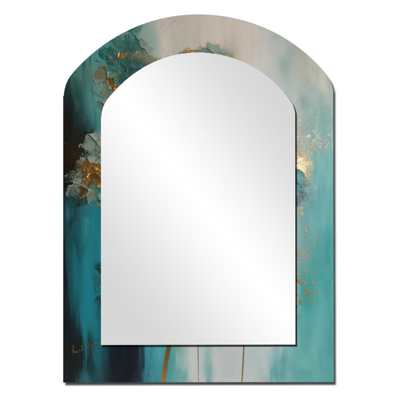 Hydrangea Flower Blossoming Gold Retro Teal Gold - Grand miroir mural arqué sur métal, 34 po x 25 po