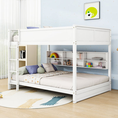 Queen Over Queen Wooden Bunk Bed With Built-In Storage Shelves And Charging Station