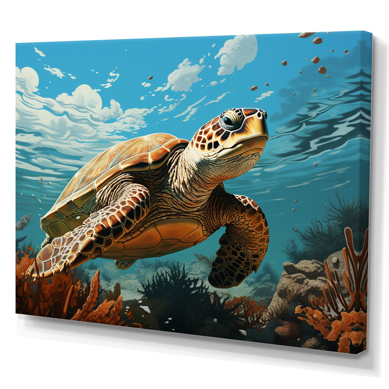 Large Blue and Brown Turtle Coastal Canvas Art Print