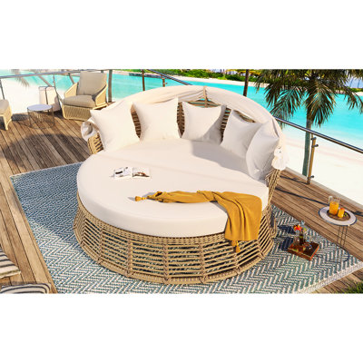 Lit de jour rond extérieur avec 5 coussins et auvent amovible, coussins confortables, beige, résistant aux intempéries, conception réversible pour de multiples usages