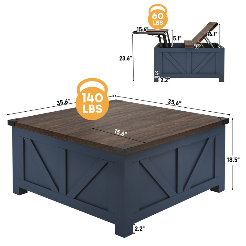 Farmhouse Coffee Table With Charging Station&Usb Ports, Lift Tabletop Central Table W/Large Hidden Space, Blue Brown
