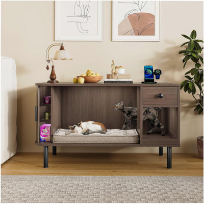 Enceinte de litière pour chat 37,4 "avec porte coulissante, meuble de litière caché avec tiroir de rangement et station de charge, chatière d'intérieur moderne, meuble télé, table de bout pour le salon, brun