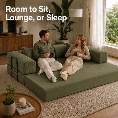 78.8" Convertible Corduroy Sofa Bed, 4-in-1 Modular Floor Couch with Deep Seat, Wide Armrests, 2 Pillows and Metal Side Supports, Compression Sleeper Sofa for Living Room, Apartment and Guest Room
