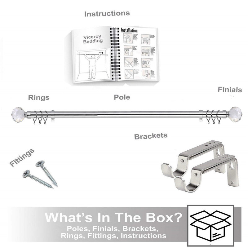 Adjustable Single Curtain Pole, 210cm W x 3cm D, Chrome