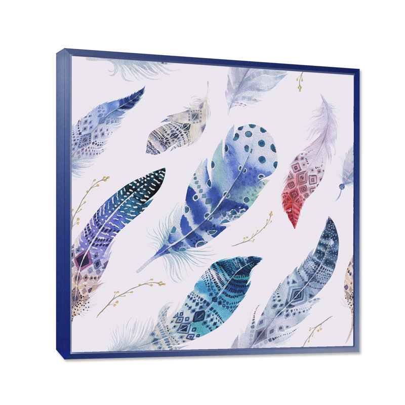 «Elegant Blue Boho Feathers», impression sur toile, H 16 po x l 16 po x P 1 po, Encadrement bleu