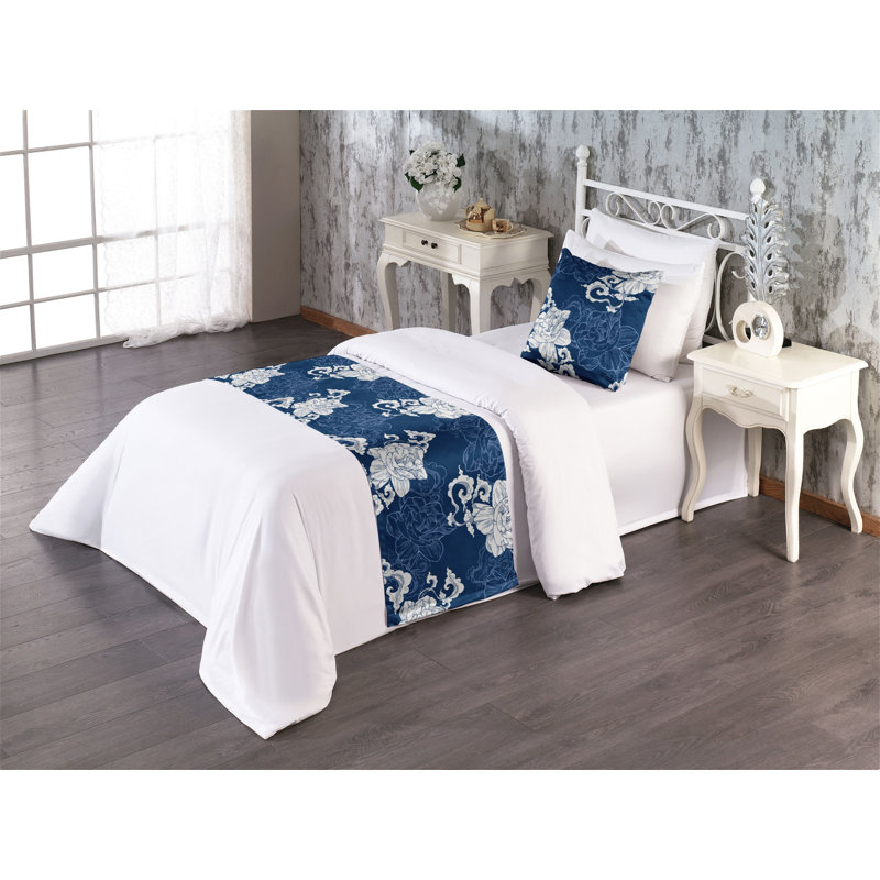 Ambesonne Floral Boho Bed Runner Set Simple Jasmine Print Dark Indigo Eggshell, Twin