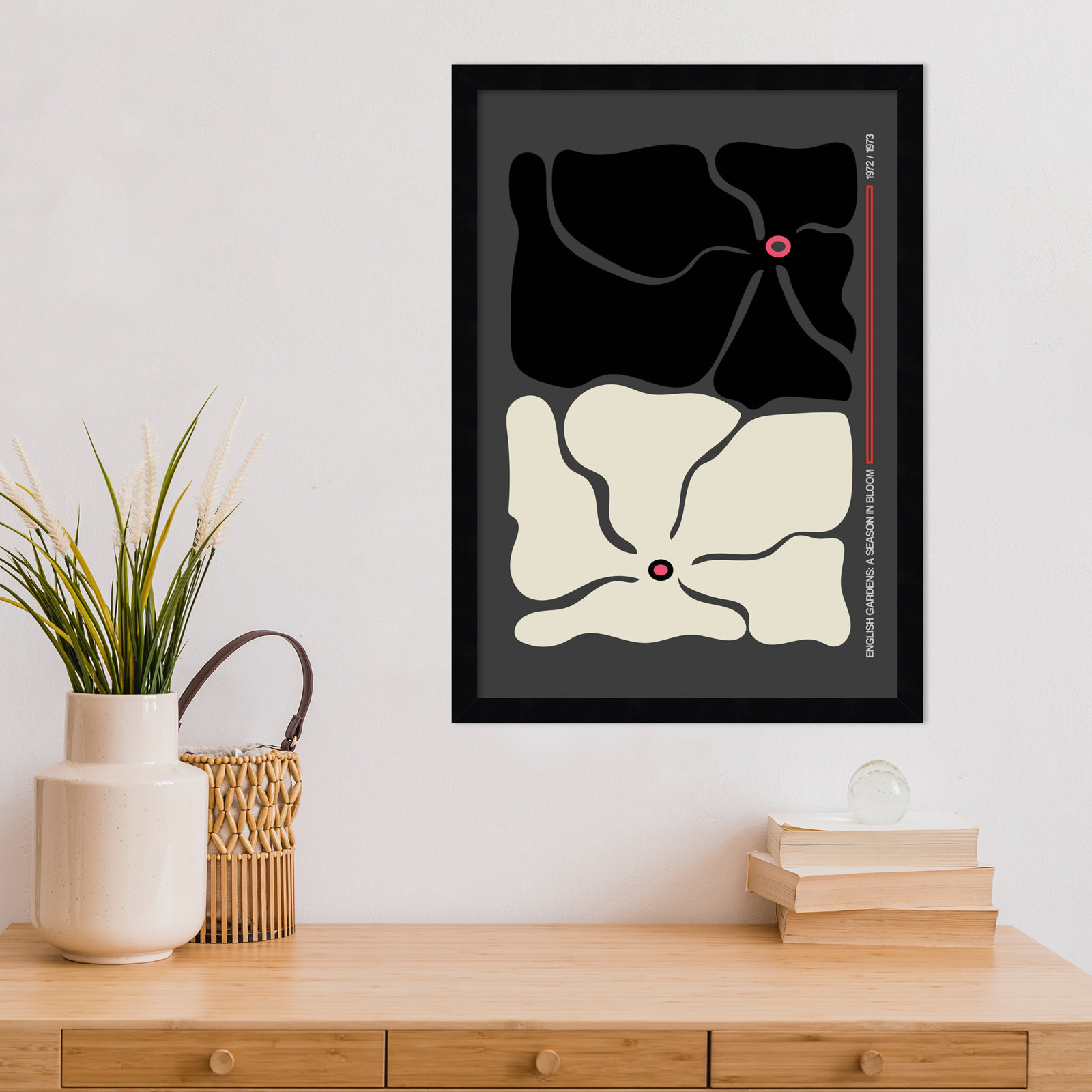 Two by Two Flower Grey Print, Black, 21" H x 15" W x 1" D